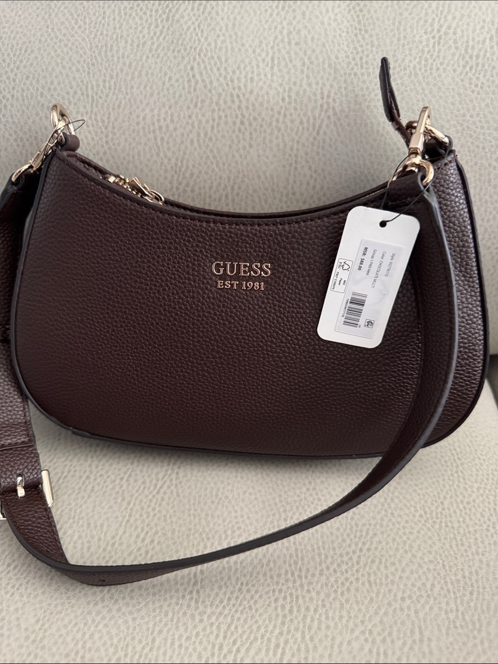 GUESS Dark Brown Pebbled Leather Crescent Shoulder Bag